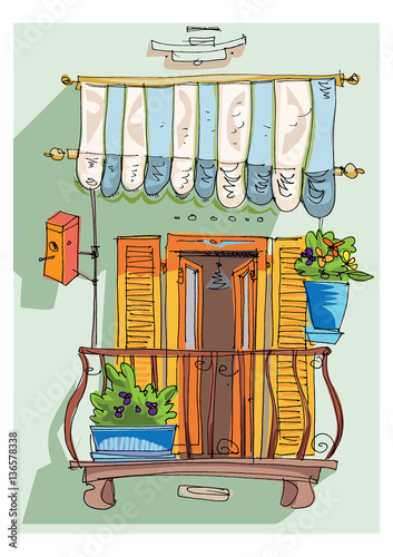 Cute vintage mediterranean balcony decorated with plants and flowers. South European tradition architecture.