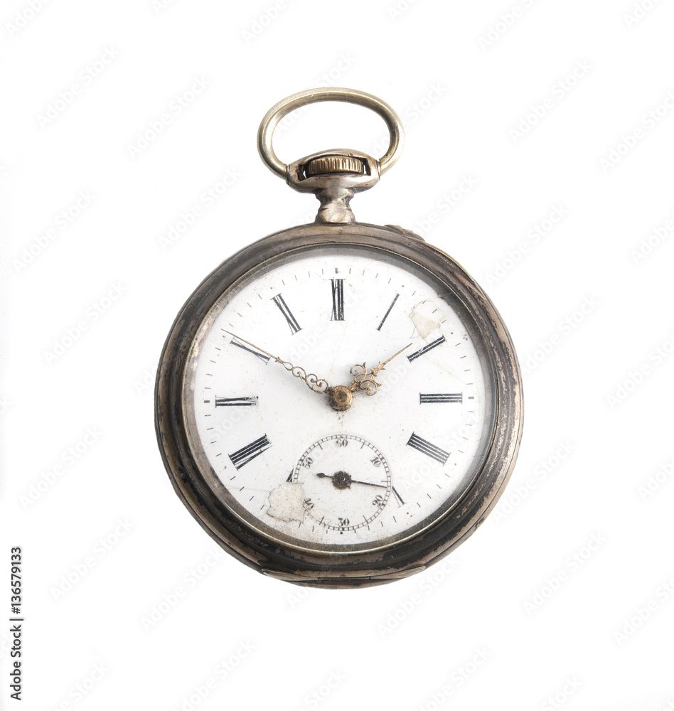 Vintage clock closeup isolated on white