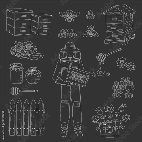 Beekeeper and honey set vector