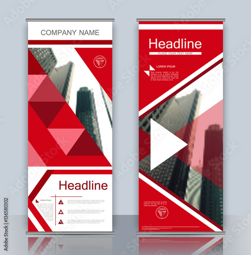 Set business roll up banner with flat geometric shapes. Abstract composition. City building image for brand flag. Info banner template. Interesting vector illustration. Cover design. Vertical flyer.
