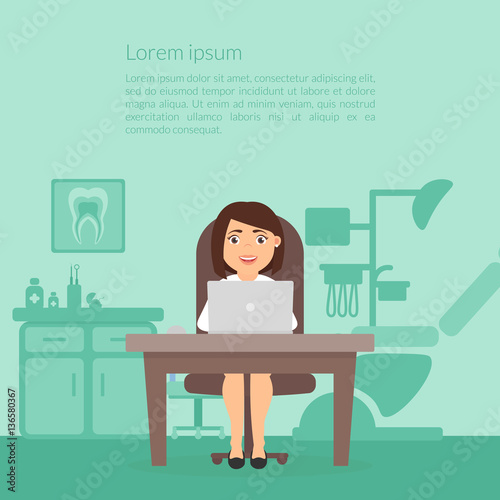 Dental office. Cute cartoon character doctor dentist. Dentistry clinic. Workplace, computer, profession medic women. Medical illustration in flat design vector.
