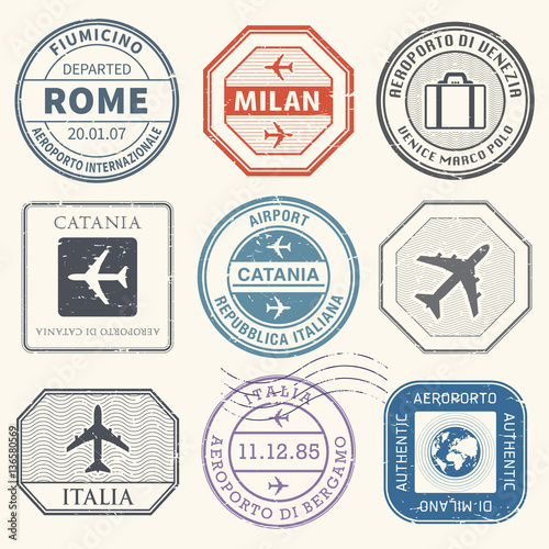 Travel stamps or adventure symbols set Italy airport theme