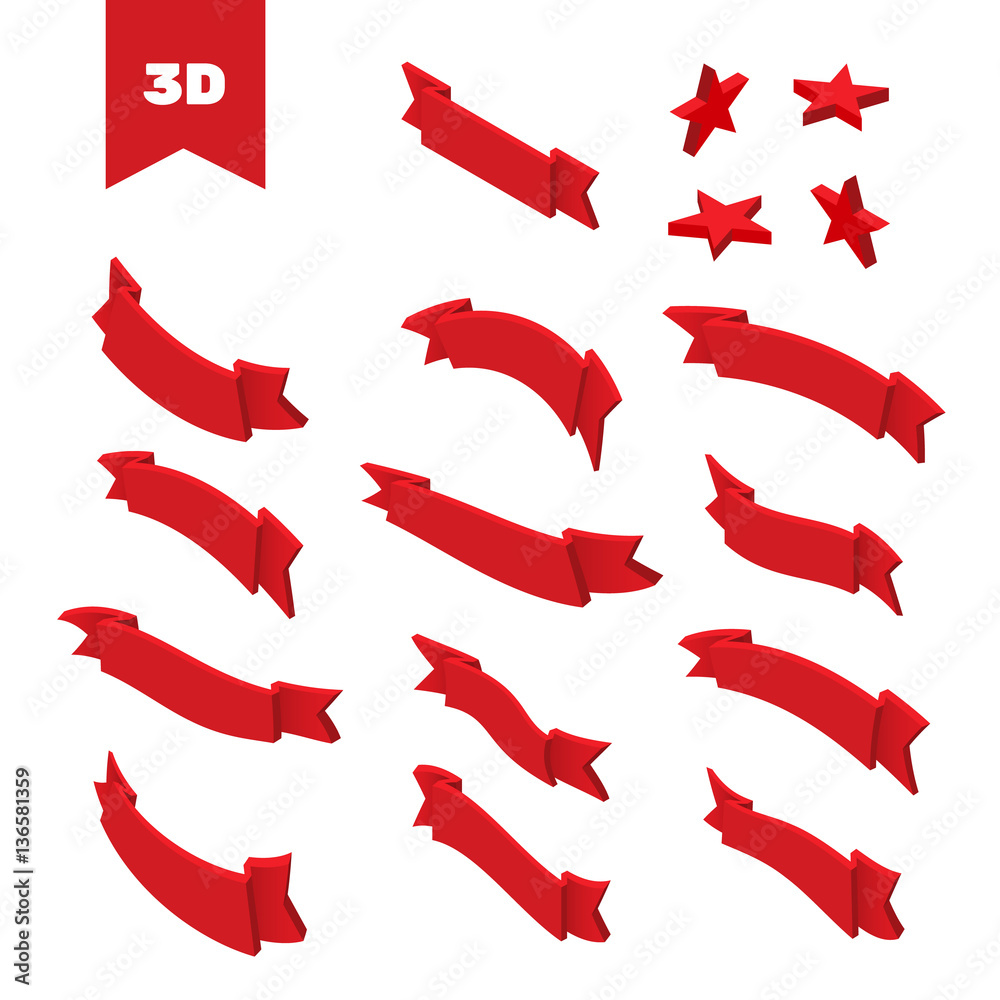 3d ribbon vector icon set red color on white background. Decoration for app and web. Label, badge and borders collection.