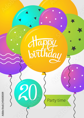 Happy Birthday card template with balloons. 20 years. Vector illustration