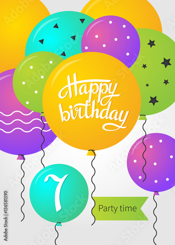 Happy Birthday card template with balloons. 7 years. Vector illustration