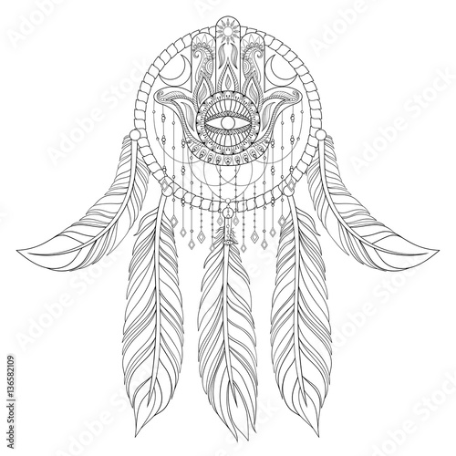 Hand drawn illustration of ethnic dream catcher with hamsa hand