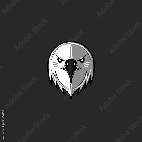 Eagle logo predator bird face aggressive, hawk head front view emblem black and white design element template, mascot sport team t-shirt print mockup