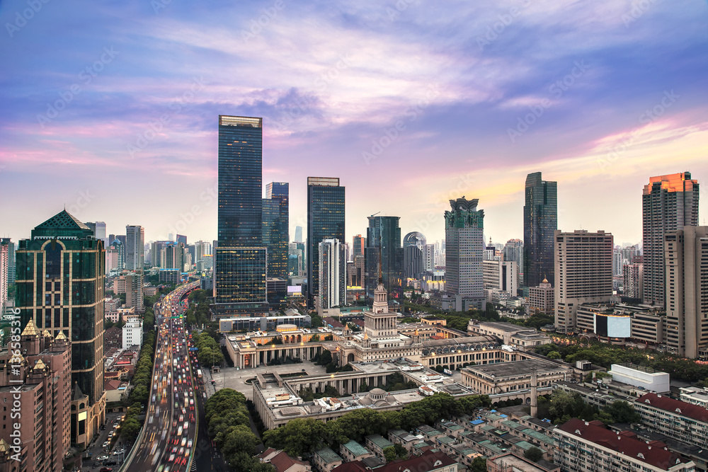 Aerial view of Shanghai cityscape at sunset