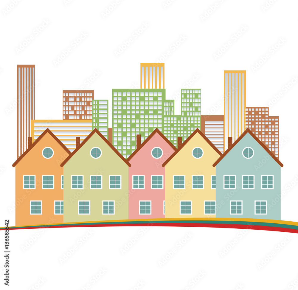 Building and City Illustration. Urban cityscape.  Houses silhouettes vector. Color residential buildings logo.