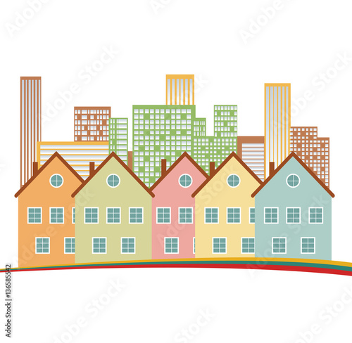 Building and City Illustration. Urban cityscape. Houses silhouettes vector. Color residential buildings logo.