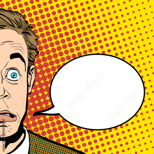 Portrait of surprised man. Surprised businessman. Surprised man. Concept idea of advertisement and promo. Pop art retro style illustration. People in retro style. Halftone background. question what.
