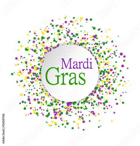 Mardi Gras abstract pattern made of colored dots on white background with colored words in center. Yellow, green and purple confetti for carnival backdrop, design element. Vector illustration