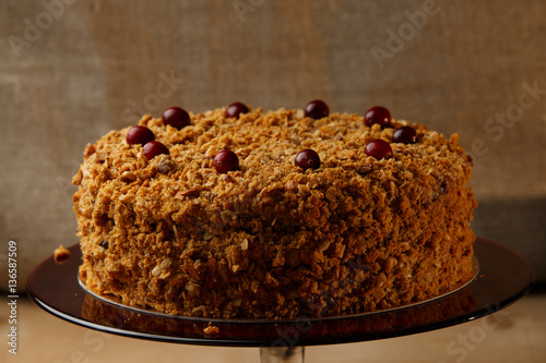 Homemade honey cake with nuts and spices.