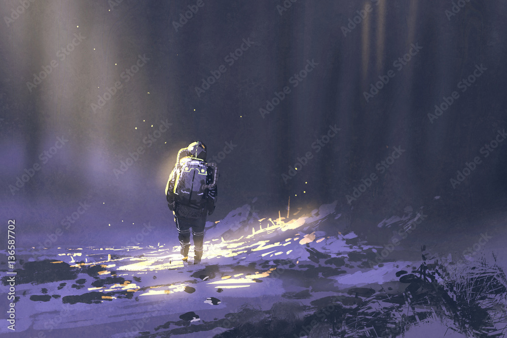 Fototapeta premium alone astronaut walking in snow,illustration painting