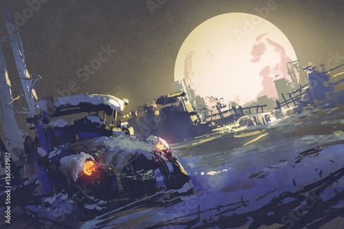 winter night scenery showing abandoned car coverd with snow and big fullmoon on background,illustration painting