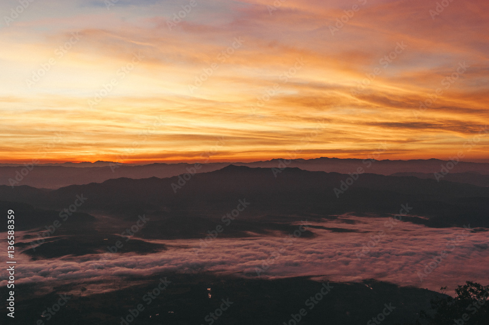 Misty summer mountain hills landscape