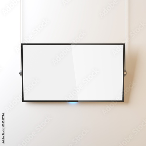Modern Smart TV panel Mockup with white screen hanging on the wall by ropes, 3d rendering