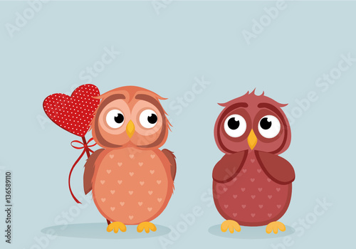Owlet Cute boy wants to give heart to the Valentine's Day gift to girl owl. She is embarrassed and waiting. Greeting card. 