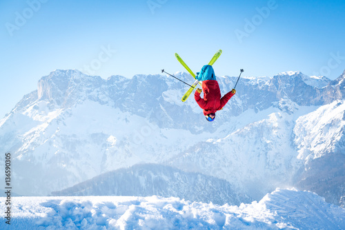 Man performing a Backflip Ski Jump, Salzburg, Austria