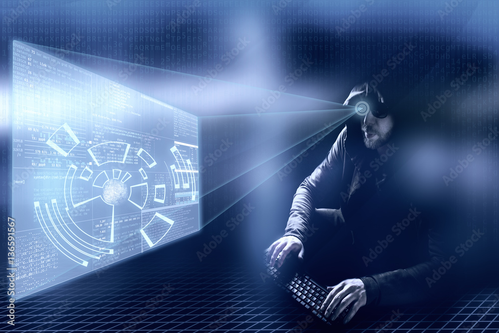 Internet crime concept.Hacker on blue digital background.