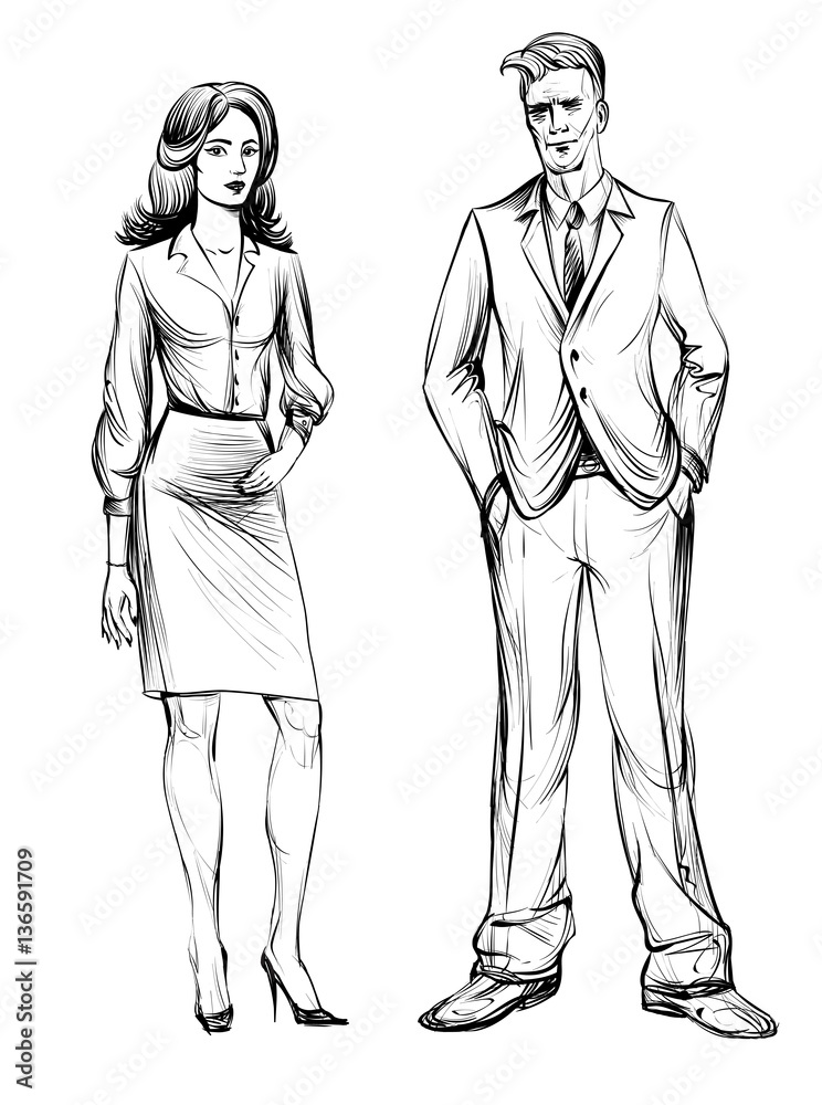 Man and woman. Hand drawn illustration. People in business suits. Man and woman. Hand drawn illustration. People in business suits.