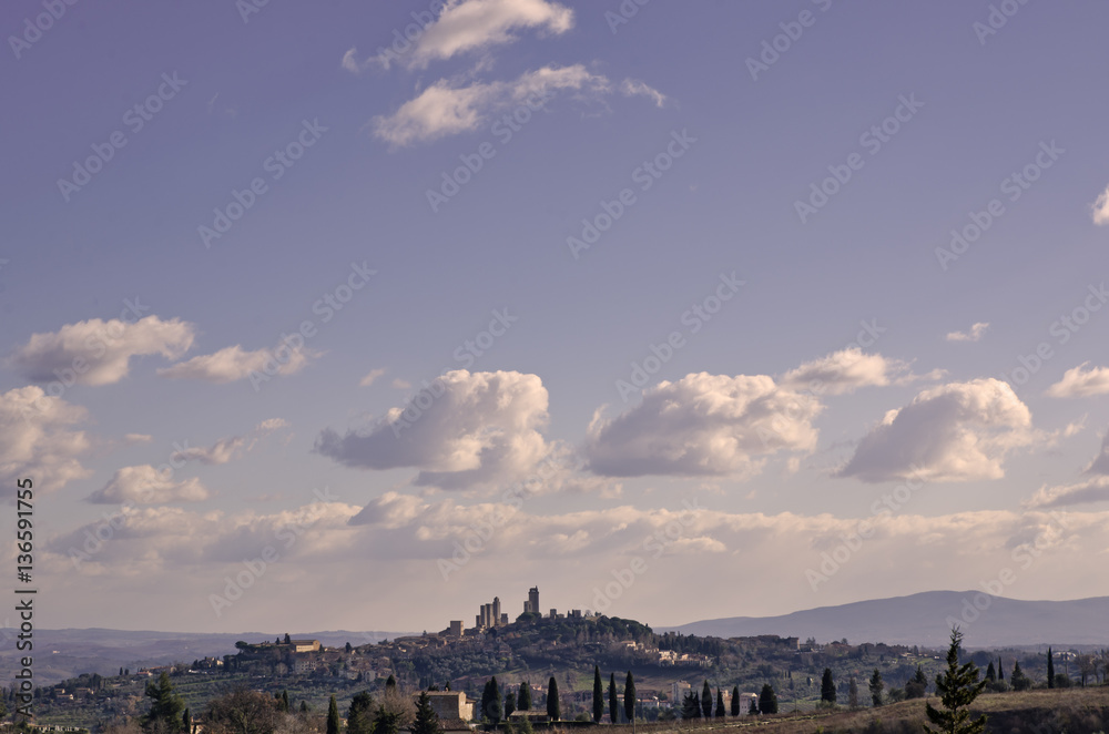 San Gimignano skyline from fields - Tuscany Italy San Gimignano skyline from fields - Tuscany Italy