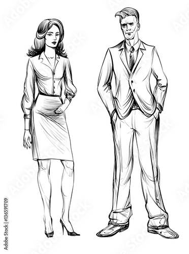 Man and woman. Hand drawn illustration. People in business suits.