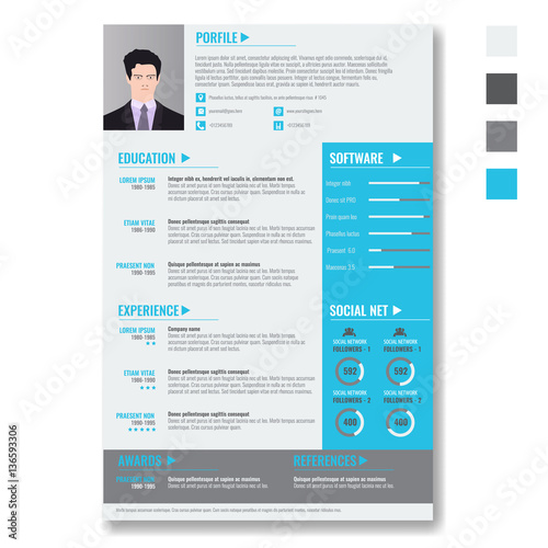Vector creative minimalist cv resume template with photo frame and infographic charts. Casual, solid and clean template .