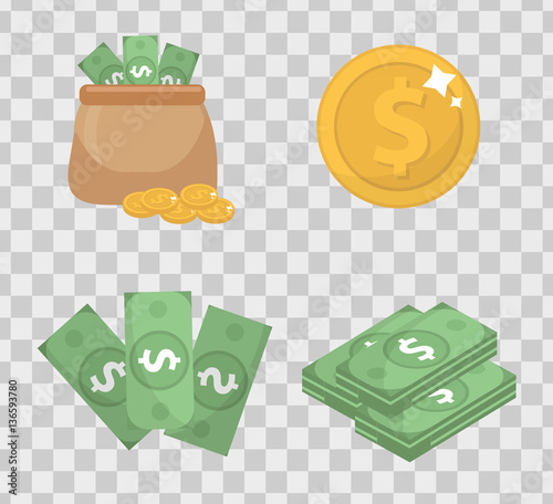 Money and coin set  icons flat style, isolated on transparent background. Vector illustration photo