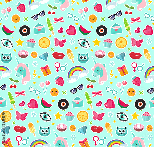 Fototapeta Naklejka Na Ścianę i Meble -  Fashion seamless pattern of patches 80s comic style. Pins, badges and stickers Collection cartoon pop art with a unicorn, rainbow, lips, emoji. Vector illustration
