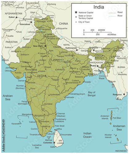 India map with selectable territories. Vector