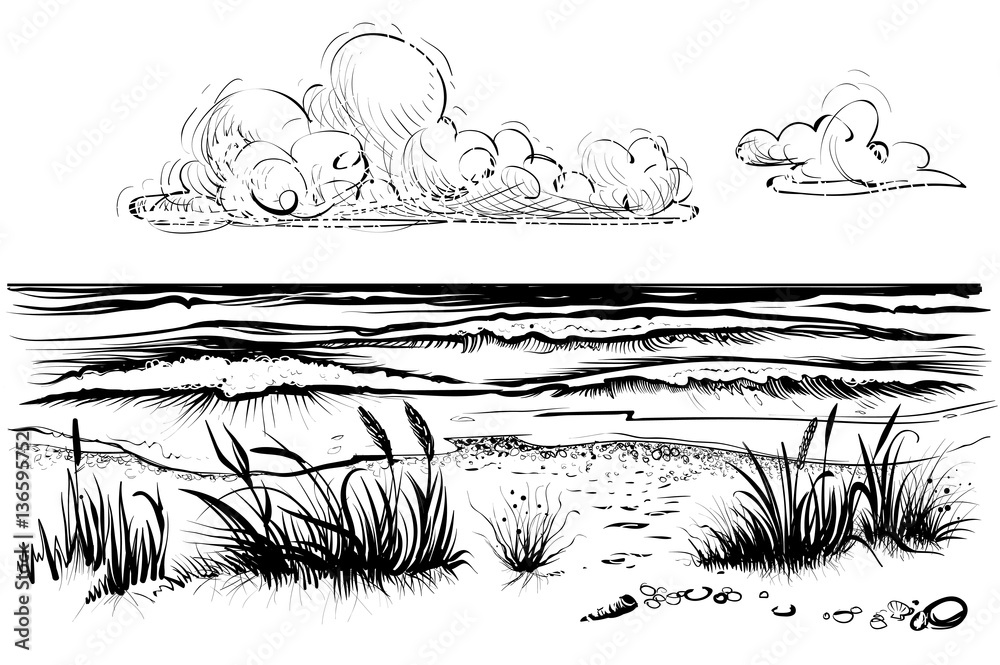 Obraz premium Ocean lub morze plaża z burzliwymi falami, trawą i chmurą, szkic.
