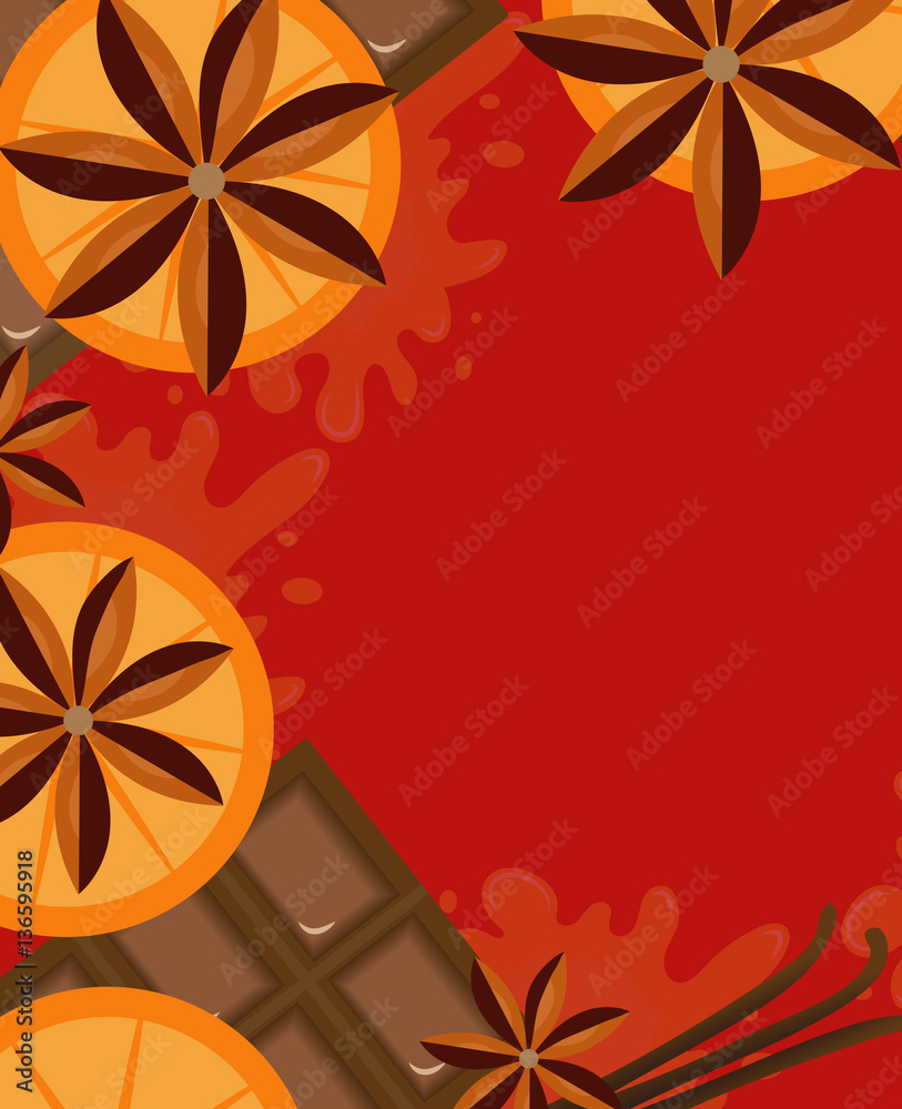 Fotografie Red background with orange, cinnamon and chocolate