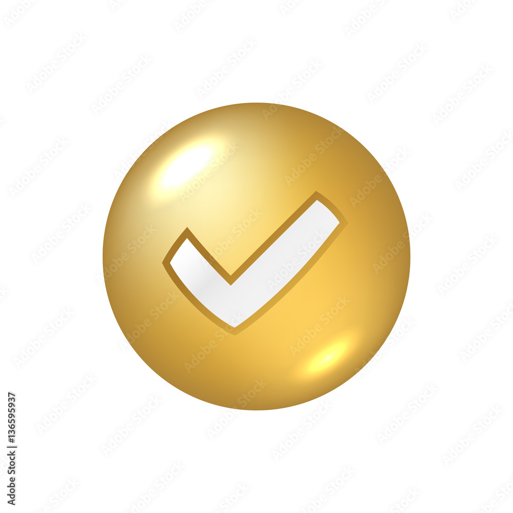 Tick gold sign element. Golden metallic checkmark icon isolated on white background. Check mark graphic design. OK button vote, decision, choice, web. Symbol correct, approved Vector illustration Tick gold sign element. Golden metallic checkmark icon isolated on white background. Check mark graphic design. OK button vote, decision, choice, web. Symbol correct, approved Vector illustration