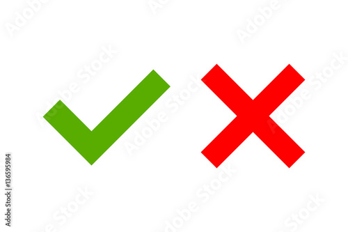 Tick and cross signs. Green checkmark OK and red X icons, isolated on white background. Simple marks graphic design. Symbols YES and NO button for vote, decision, web. Vector illustration