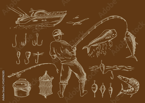 Fishing in the sea. Outline set