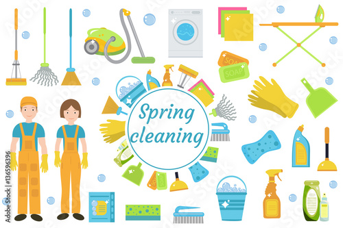 Spring Cleaning icons, flat style. Housekeeping frame with tools isolated on white background. Vector illustration