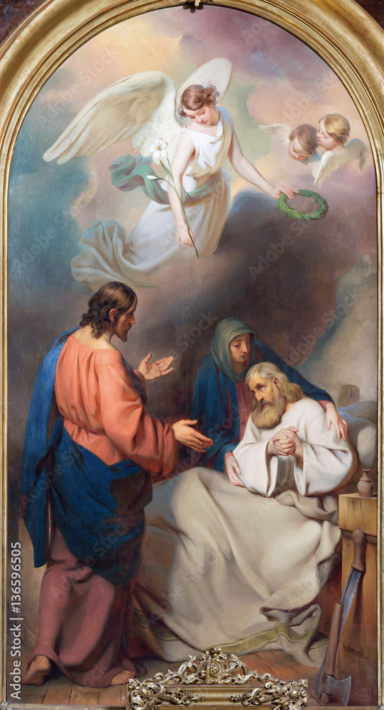 VIENNA, AUSTRIA - DECEMBER 19, 2016: The painting of Death of St. Joseph in church kirche St. Laurenz (Schottenfelder Kirche) by Carl Johann Nepomuk Hemerlein (1807 - 1884).