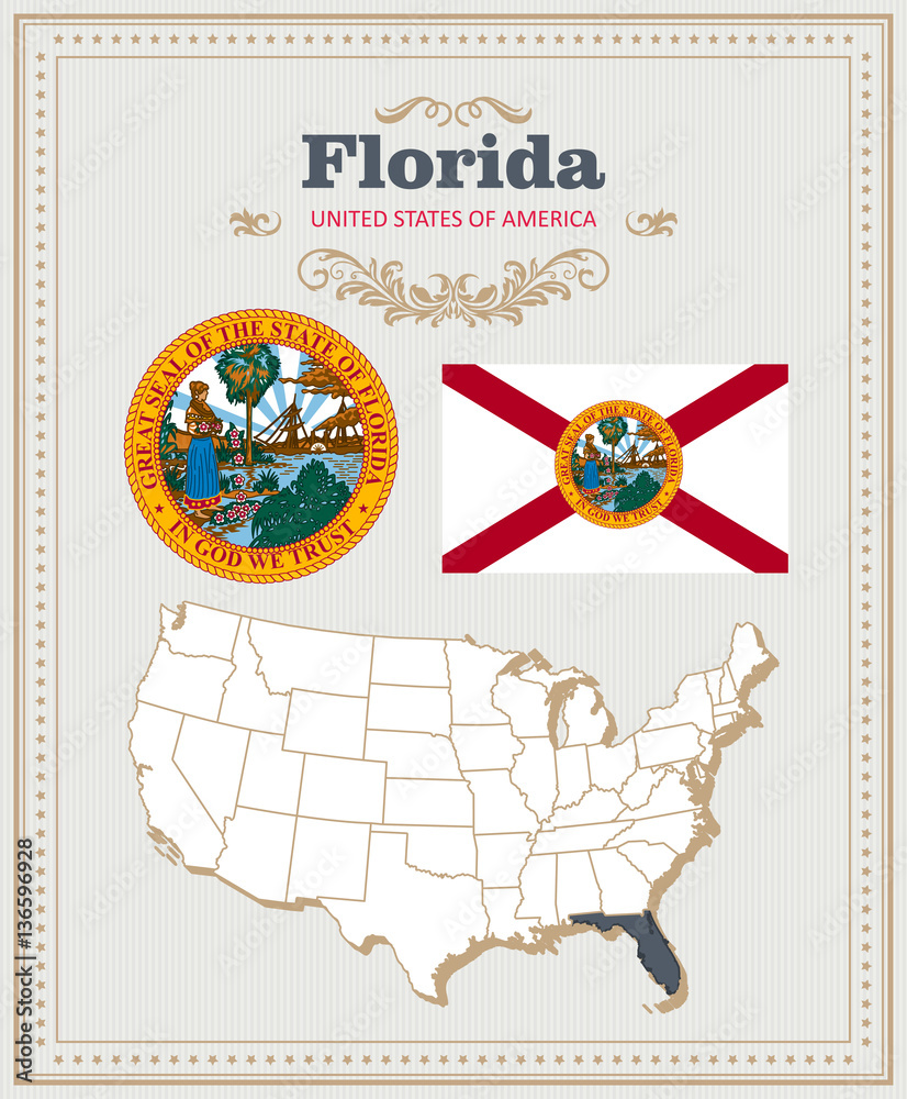 High detailed vector set with flag, coat of arms, map of Florida. American poster. Greeting card from United States of America.
