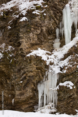 Frosty morning at the waterfalls Rufabgo. Adygea