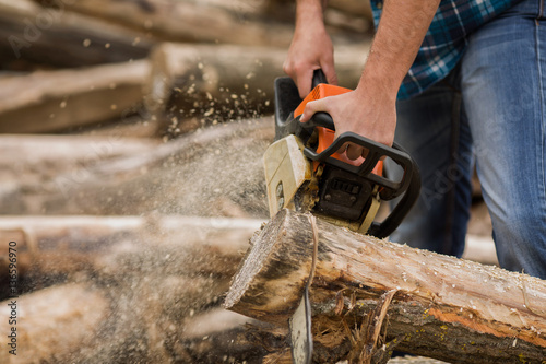 Guy cuts a tree with a chainsaw photo