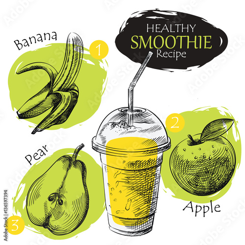 Hand drawn smoothie recipe isolated on white background. Banana, apple, pear smoothie sketch elements. Eco healthy ingredients vector illustration. Great for poster, banner, voucher, coupon.