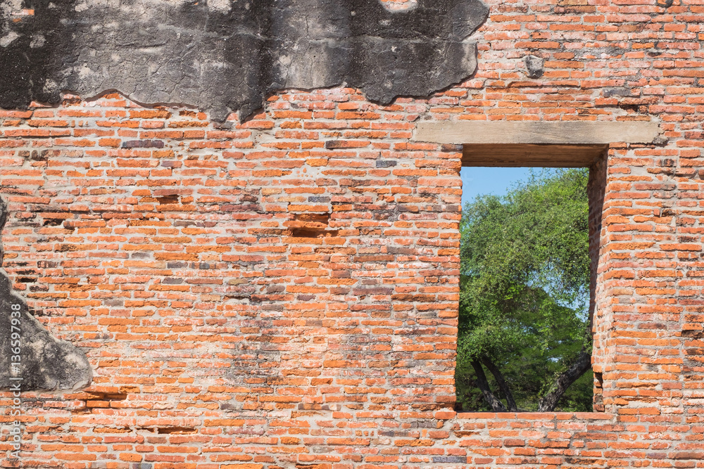 Old rough red brick wall with window background texture