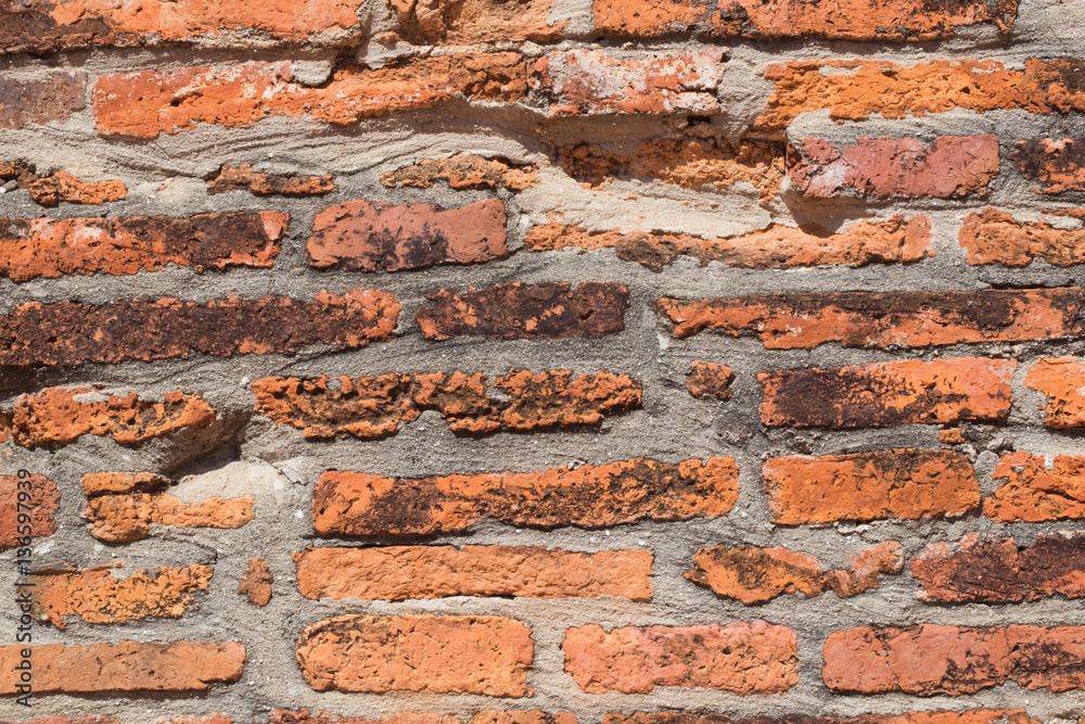 Old rough red brick wall background texture