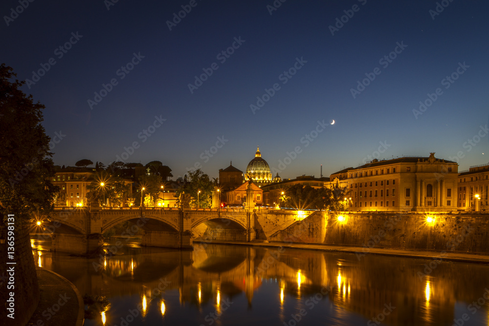 Tiber at Night with Saint Peters Basilica on background