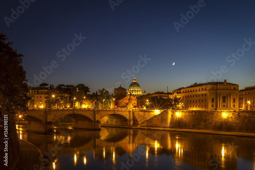 Tiber at Night with Saint Peters Basilica on background