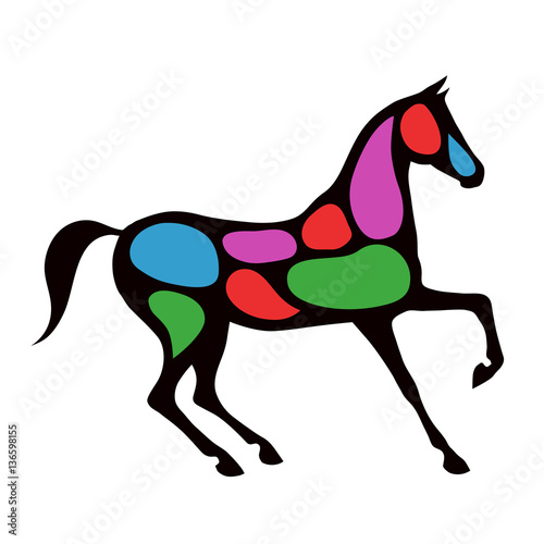 Black horse silhouette with color bright spots. Vector.