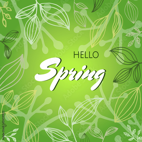 "Hello spring" with hand drawing leaves.