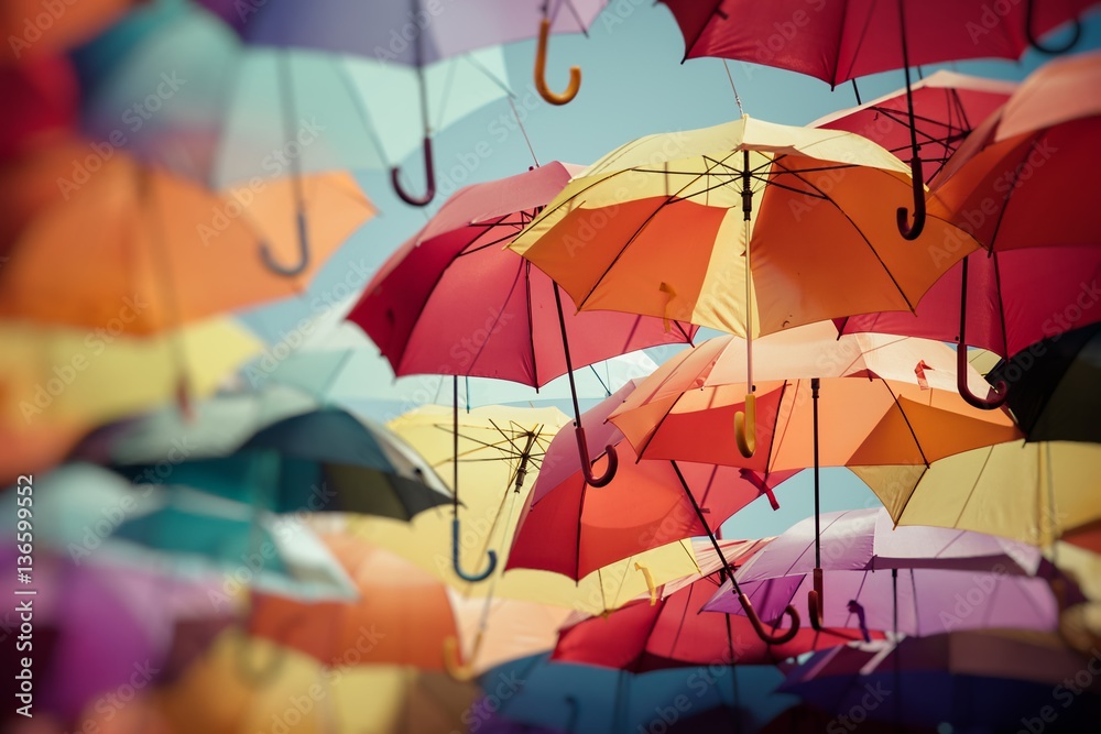 Background colorful umbrella street decoration. Selective focus. - obrazy, fototapety, plakaty 