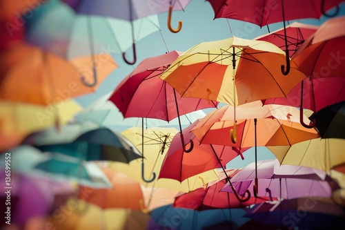 Background colorful umbrella street decoration. Selective focus. photo